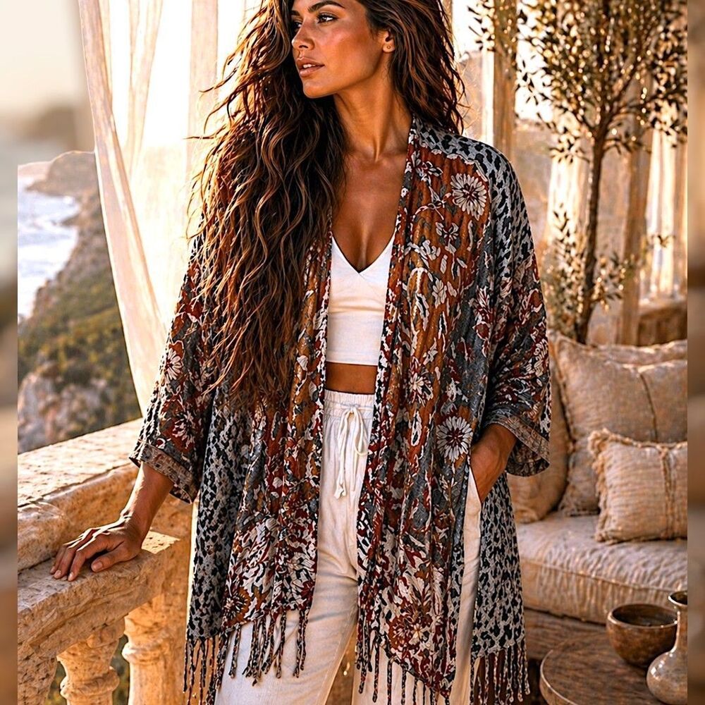 Soft Surroundings S/M Boho Textured Fringe Cardigan 3/4 Sleeve Hi Low Mix Print